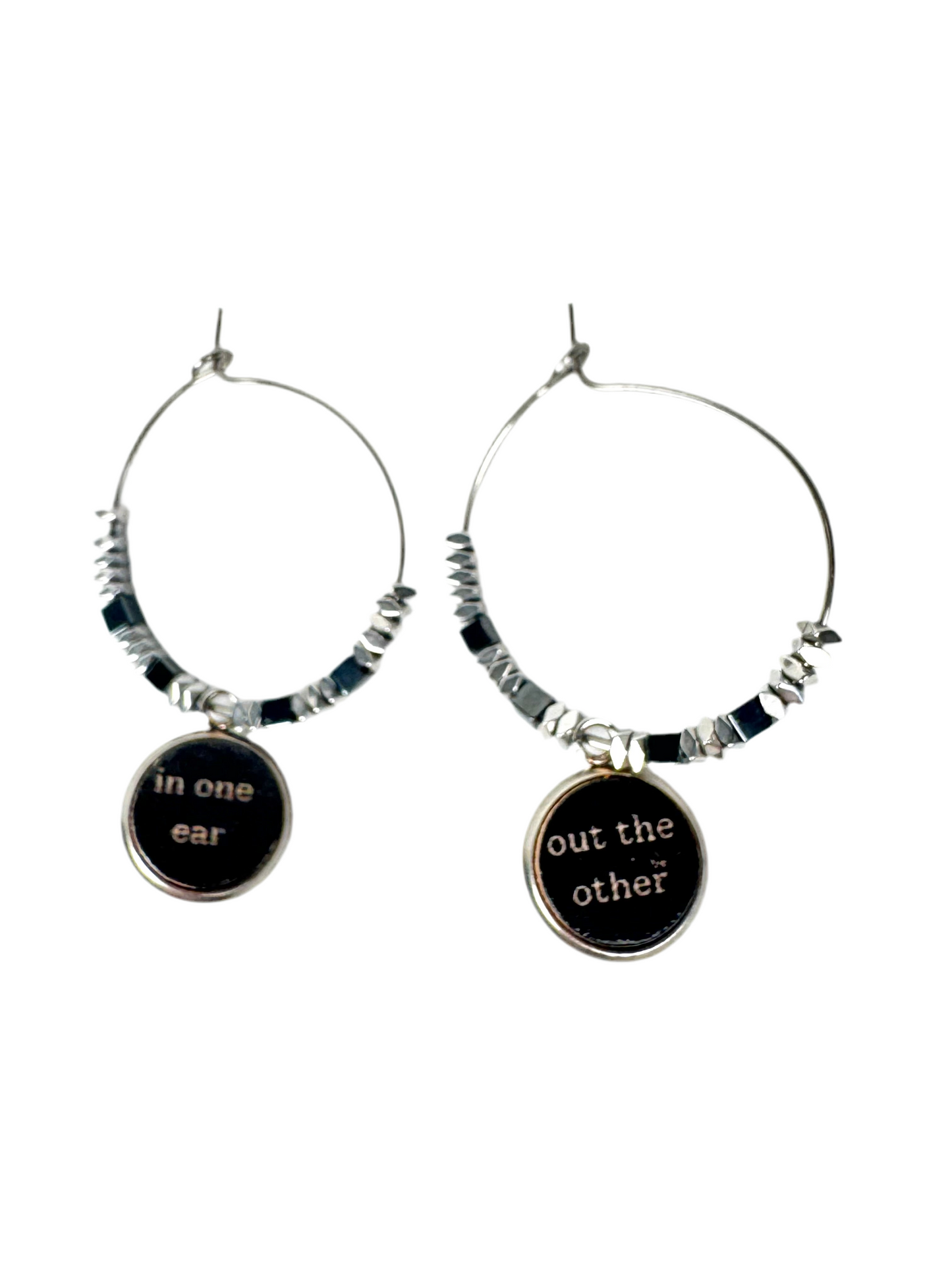 In one ear out the other protective hematite stainless steel hoops