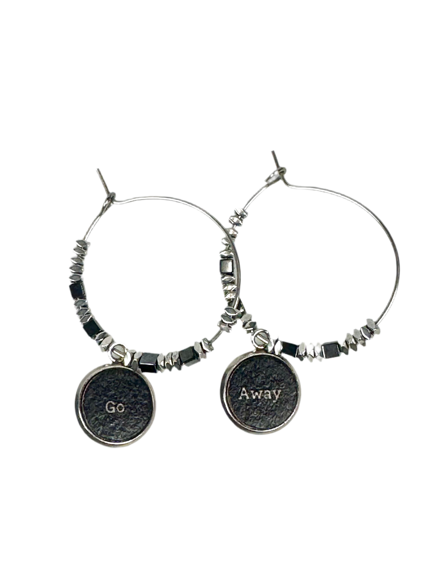 Go Away Hematite Bead Stainless Steel Hoops