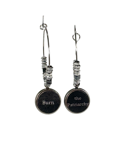 Burn the Patriarchy Stainless Steel Hoops embellished with Hematite Beads