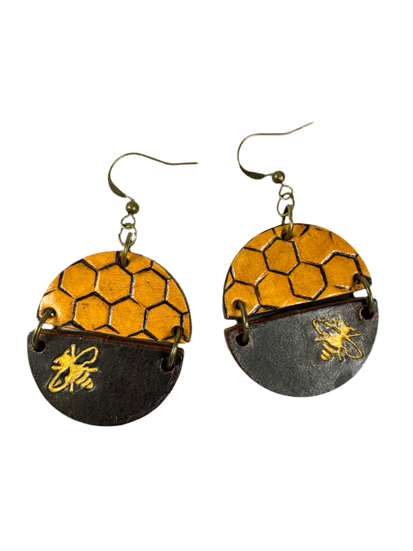 Stamped Leather Bee Honeycomb Earrings
