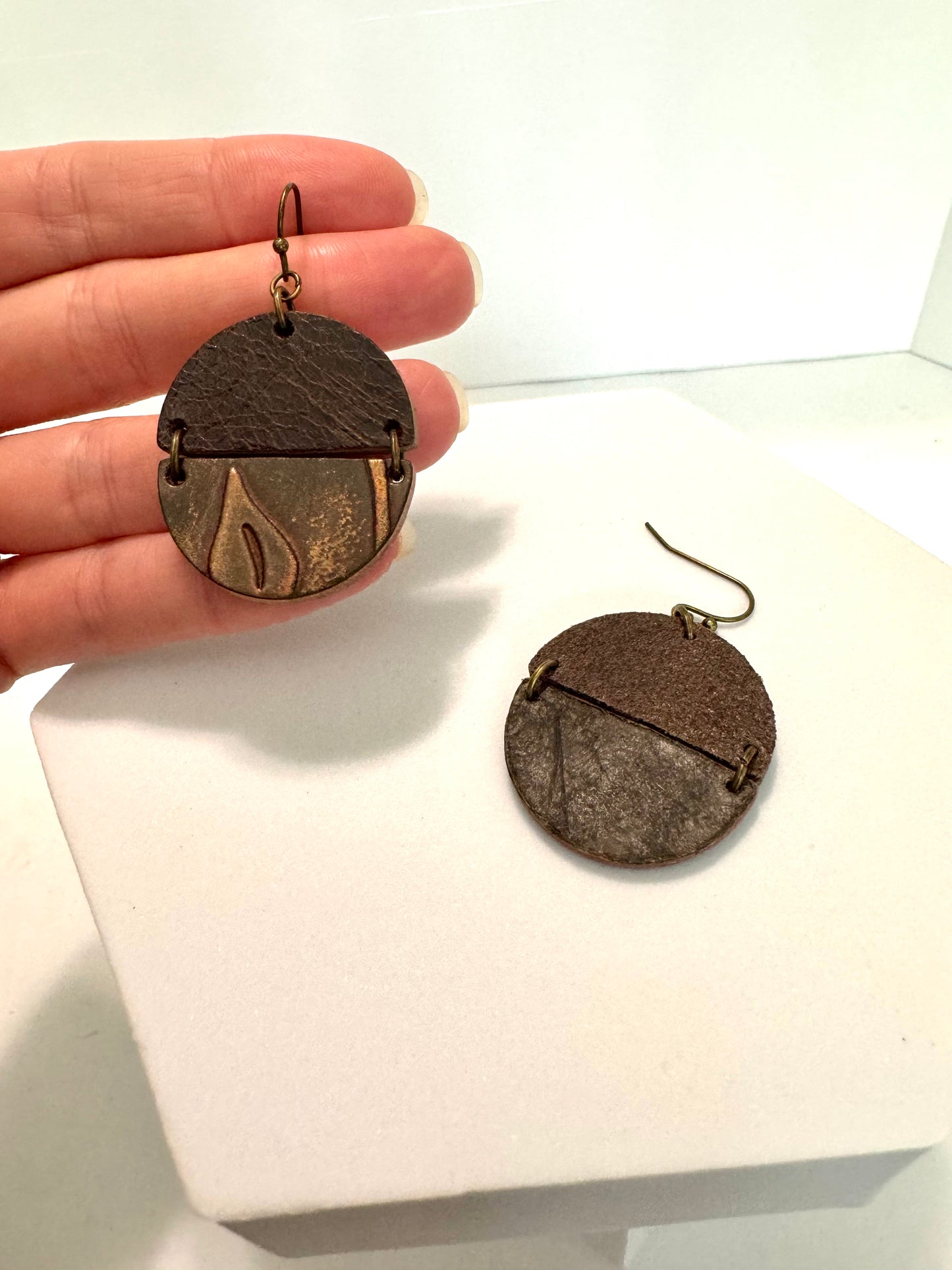 Leather Round Embossed Leaf Statement Earrings