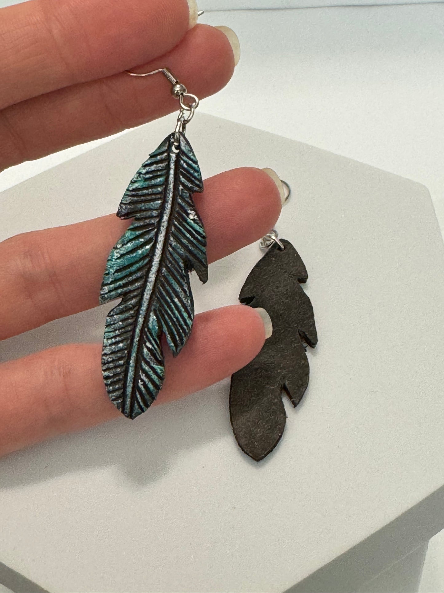 Feather Tooled Leather Earrings