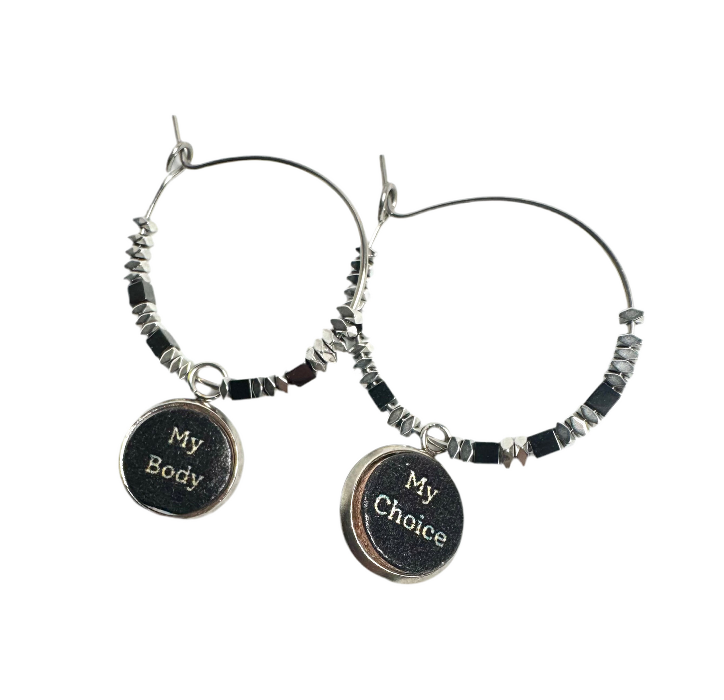 My Body My Choice Hematite Bead Stainless Steel Hoop Earrings