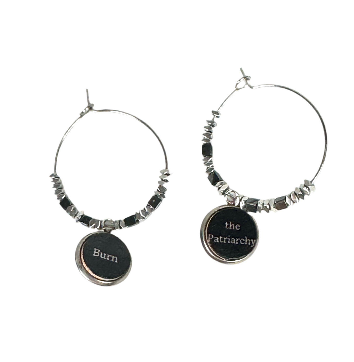 Burn the Patriarchy Stainless Steel Hoops embellished with Hematite Beads