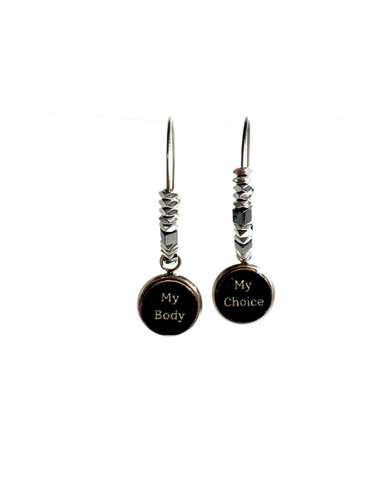 My Body My Choice Hematite Bead Stainless Steel Hoop Earrings