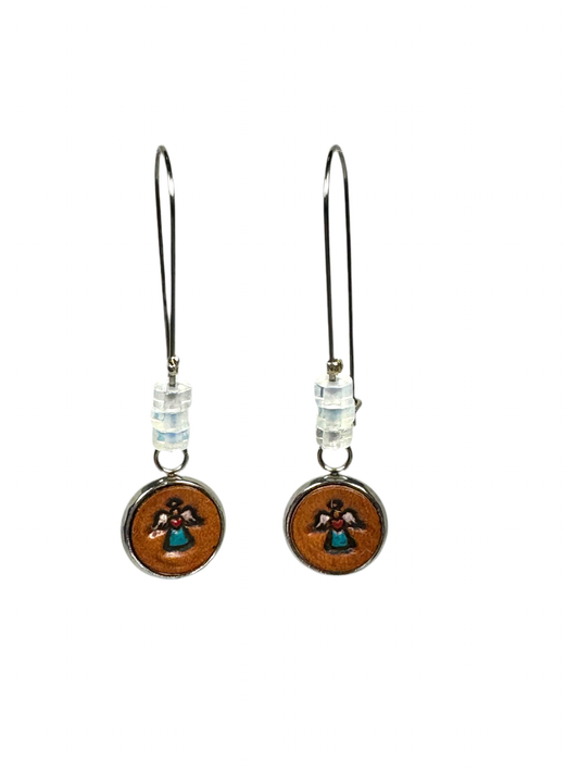 Angel Stamped Leather Earrings with Opal Protection Stones