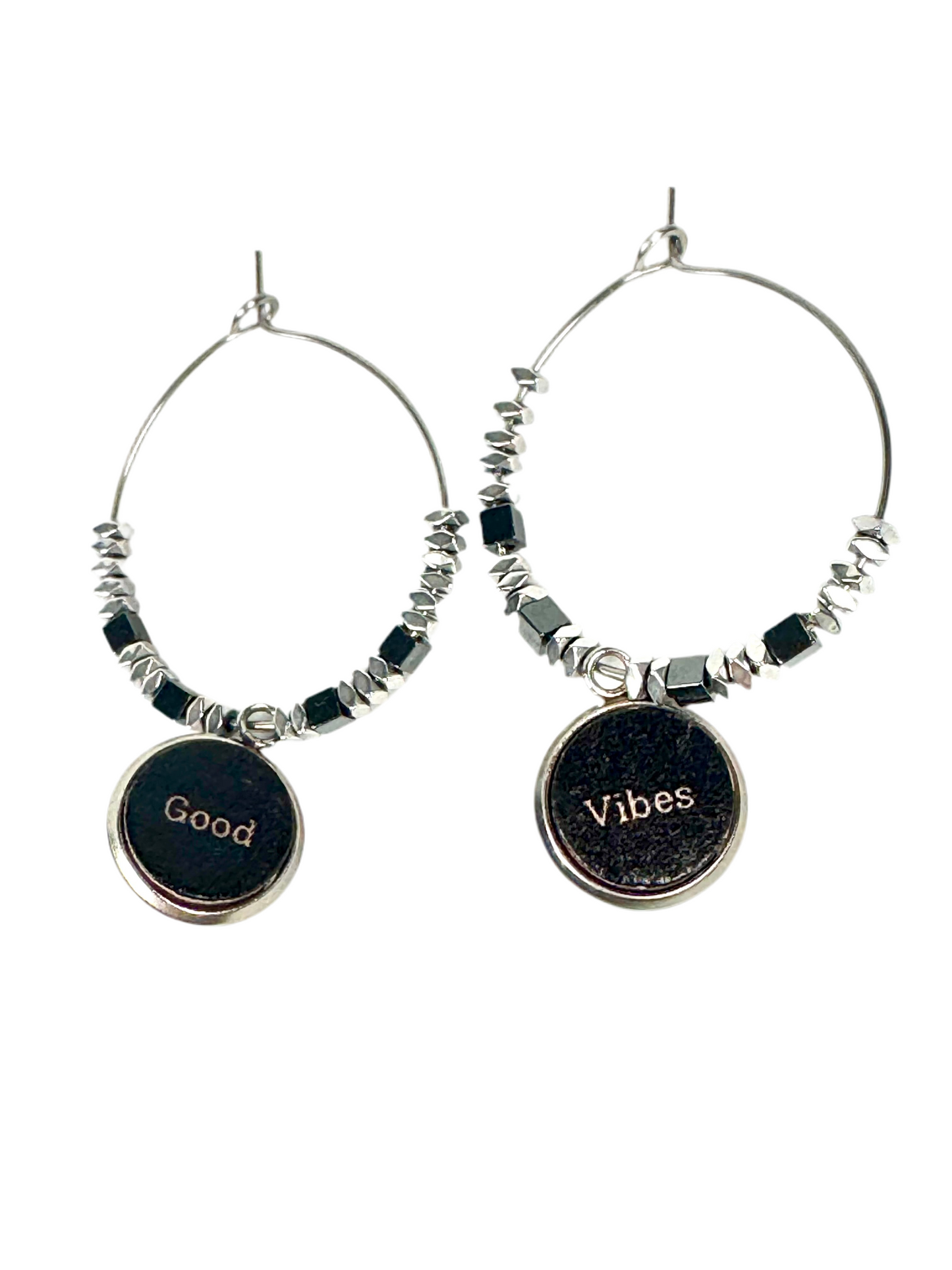 Good Vibes Stainless Steel Hoops embellished with Hematite Beads