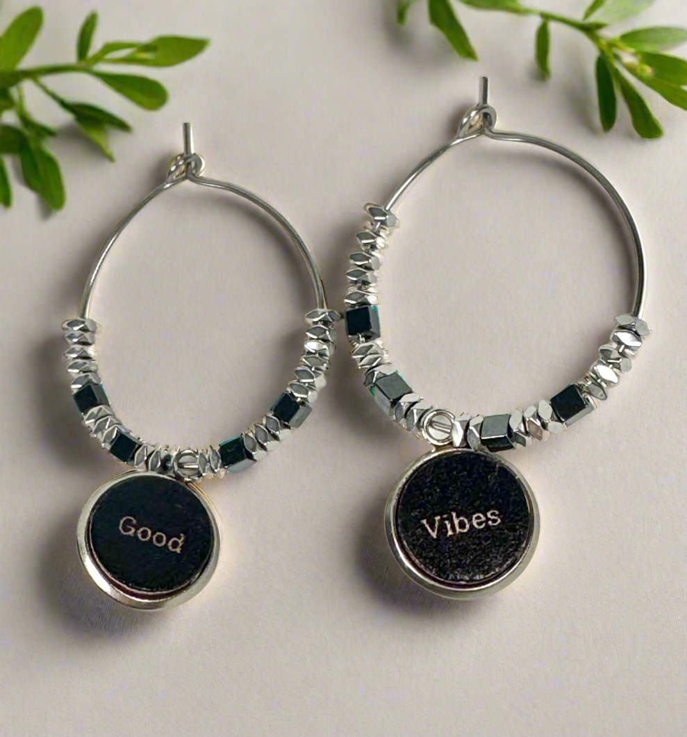 Good Vibes Stainless Steel Hoops embellished with Hematite Beads